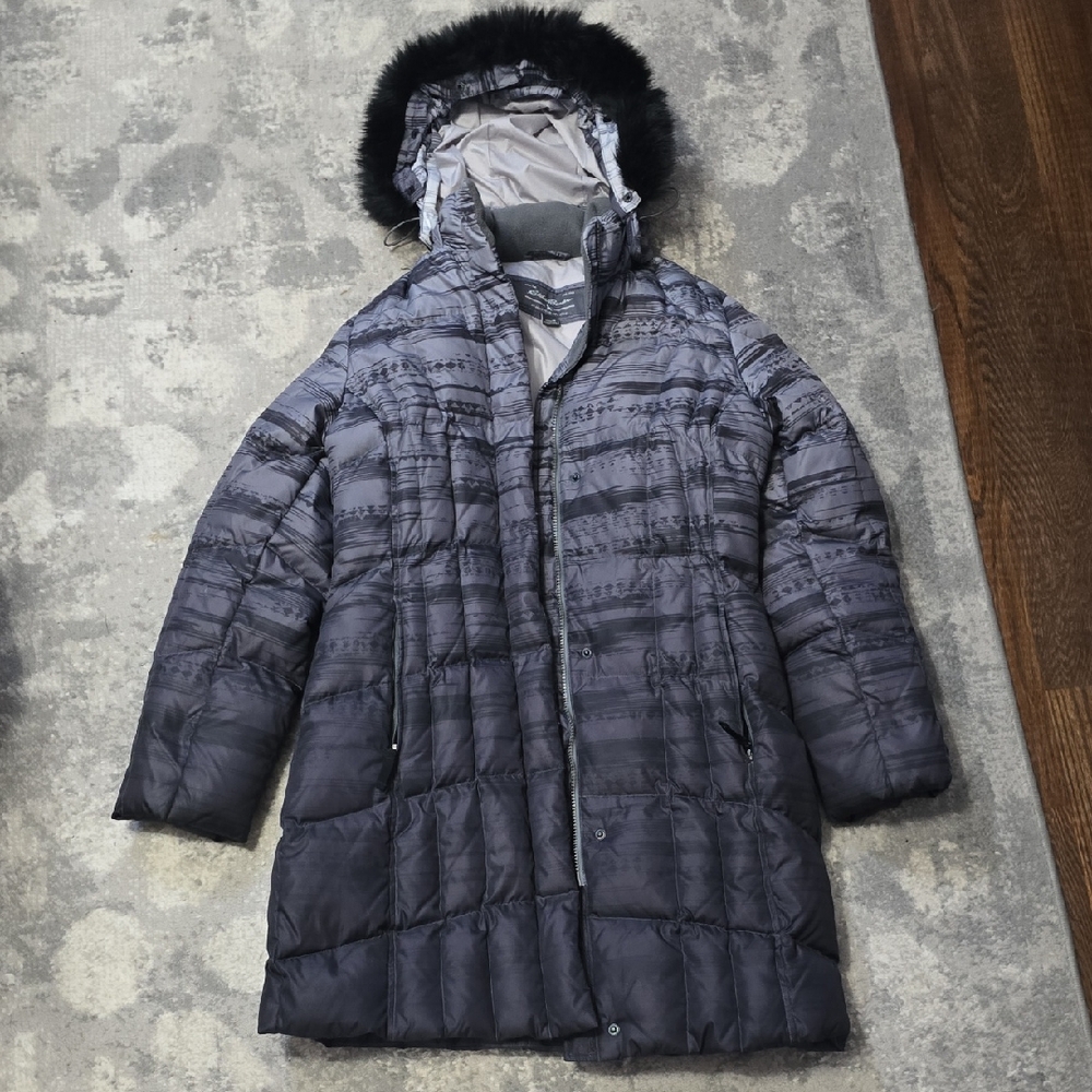 Eddie Bauer Dark Gray Puffer Coat with Faux Fur Hood